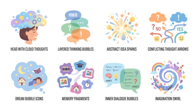 Thoughts are depicted through a diverse collection of colorful icons and mental state symbols that represent human imagination, cognitive processes, internal dialogue, and deep subconscious dreaming.