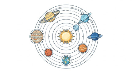 Colorful illustration of the solar system planets orbiting the sun. © Sadar