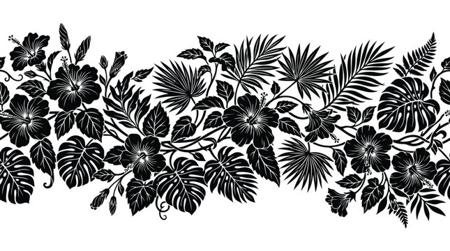Black floral border with tropical leaves and flowers