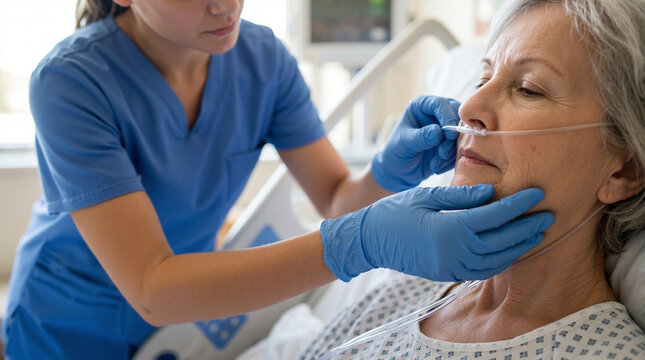 Healthcare professional assisting patient with oxygen mask during breathing treatment for respiratory health issues. Patient receives care with attention to lung capacity and airflow management.