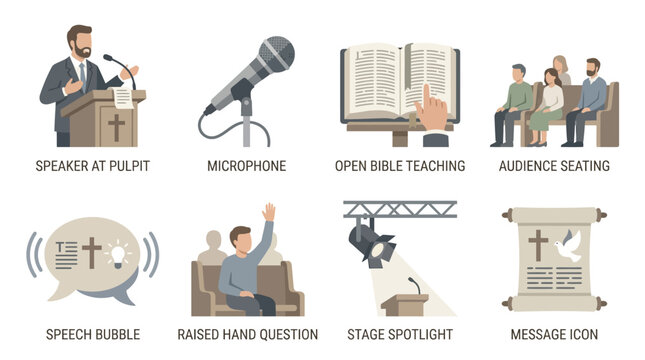 Church service elements shown as a collection of icons including a speaker at a pulpit, a microphone, an open bible, a congregation, and a spotlight to represent modern religious teaching.