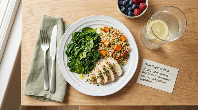Healthy meal plate with grilled chicken, quinoa, spinach, and roasted vegetables alongside berries and water in glass. Healthy meal is ideal for balanced diet and nutrition.