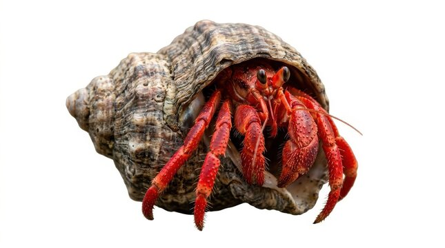 A bright red hermit crab hiding inside a large textured sea shell isolated on a clean and simple white background isolated on white background