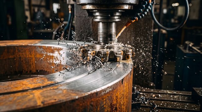 Heavy duty CNC milling machine cutting steel part with flying shavings and coolant fluid in factory workshop heavy industry manufacturing concept