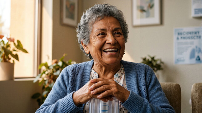 Joyful elderly woman smiling in bright indoor space with plants around. Elderly woman radiates happiness while enjoying her surroundings and engaging in conversation.