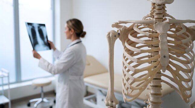 Close up of human skeleton model with female doctor examining chest x ray in blurred medical clinic background modern healthcare medicine concept