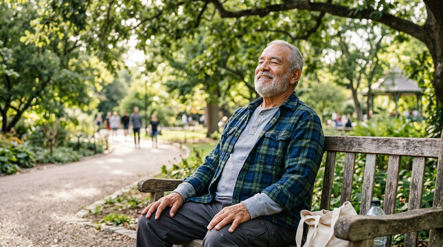 Elderly man enjoying peaceful moment on park bench surrounded by greenery and walking paths. Senior man relaxes in sunny park setting,