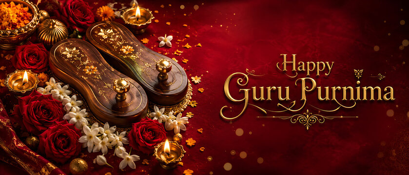 Decorated wooden paduka sandals with roses jasmine flowers and glowing diyas for guru purnima hindu religious festival luxury red greeting card background design