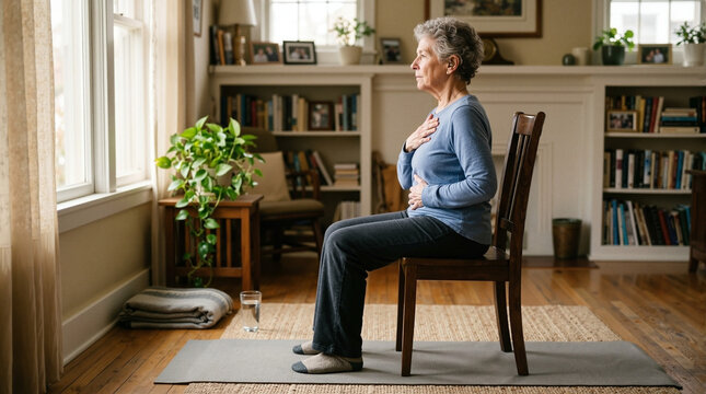Breathing exercises for lung health with woman practicing seated breaths in cozy room. Lung health activities include mindful breathing techniques promoting better respiration and wellness.