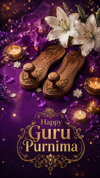 Ornate wooden paduka sandals surrounded by lilies orchids candles and golden decorations for guru purnima hindu religious festival greeting card and spiritual devotion