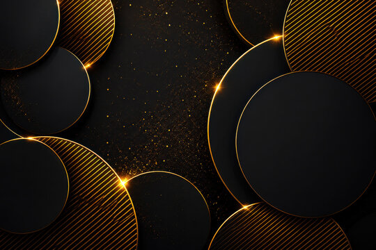 Abstract black and gold circles with glowing glitter texture background