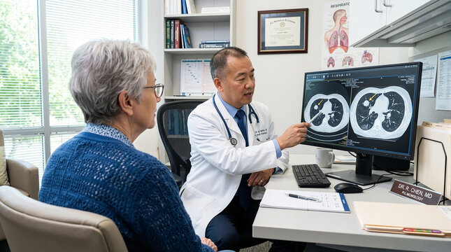Doctor explaining lung images to patient during consultation about respiratory health and capacity. Lung examination includes detailed review of respiratory function and potential COPD or asthma.