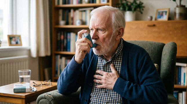 Elderly man using inhaler for asthma in cozy living room environment. Senior man with asthma experiencing breathing difficulties, managing respiratory issues through inhaler use.