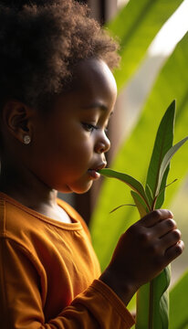Child holding plant with serene expression in nature setting. Young child gently touching green leaves showcasing curiosity and connection to nature.