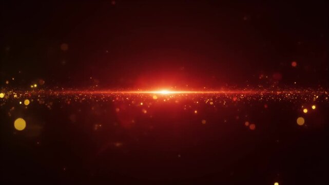 Warm red horizon glow spreads across deep black background, orange gold illumination creating cinematic light overlay, realistic optical glow for filmmaking, video editing, motion graphics, copy space