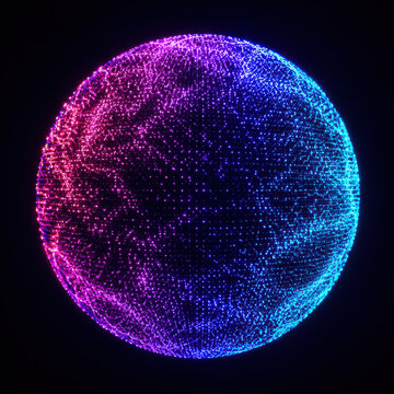 Abstract glowing neon sphere made of digital particles on dark background