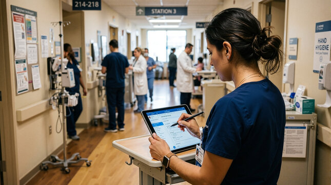 Medical professionals working in hospital corridor with nurse using tablet for patient care. Nurses and doctors coordinate on treatments while technology enhances patient monitoring and information.