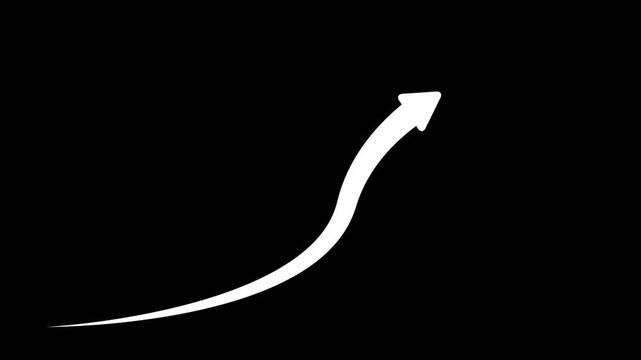 Dynamic White Animated Curved Arrow Pointing Upwards on Dark Black Background Simulating High Business Growth Financial Success Trends and Corporate Performance Metrics Elevation.