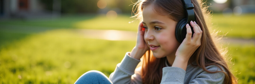 Girl enjoying music outdoors with headphones while sitting on grass, completely focused on sound experience. Young child listening to favorite tunes, having joyful moment in nature.