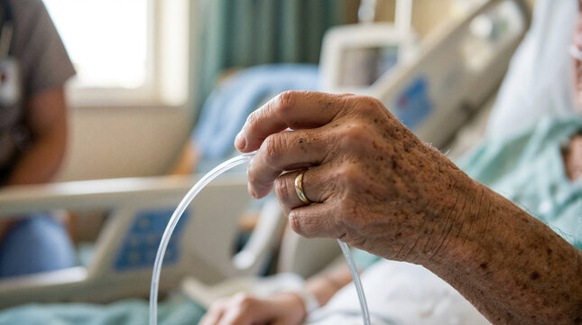 Patient holding oxygen tube in hospital bed with caregiver nearby. Patient utilizes oxygen supply for improved breathing and respiratory function.