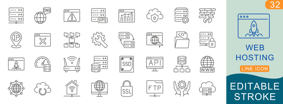 Web Hosting Editable Stroke Line Icon Set &ndash; Server, Cloud Hosting, VPS, Domain, DNS, SSL, Data Center, Database, CDN, Website Infrastructure Outline Icons