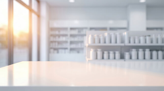Science lab empty table background glow by window with clean white pharmacy shelf blur behind. Scientific chemistry research laboratory. modern clean interior room, equipment blur