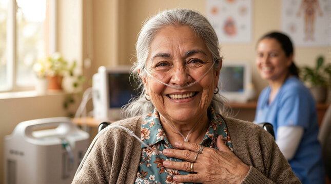 Smiling senior woman with oxygen therapy equipment in healthcare environment, enjoying assisted breathing during pulmonary rehabilitation.
