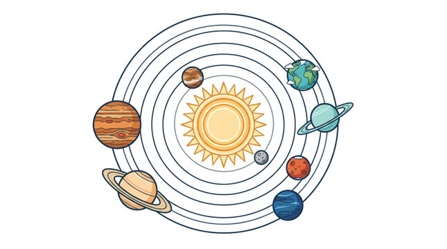 Colorful illustration of the solar system planets orbiting the sun.