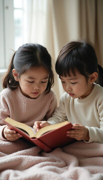 Two kids reading together on cozy blanket in warm, inviting room. Focused children share storybook, creating bonding experience through reading. Concept of friendship and learning in childhood.