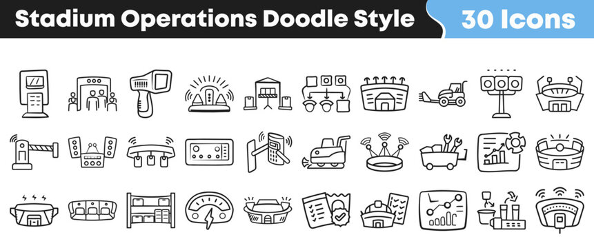 Hand drawn doodle style icons representing stadium management and operations
