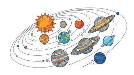 Colorful illustration of the solar system with planets. © Redasa