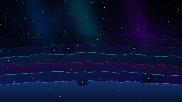 Mystic Lunar Vector Terrain Background with Abstract Cosmic Night Sky and Neon Horizon Layers