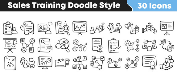 Naklejka premium Hand drawn collection of thirty sales training doodle style icons