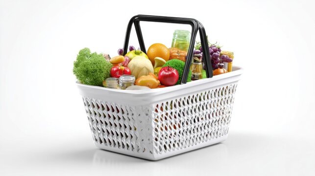 White shopping basket overflowing with fresh fruits and vegetables hea