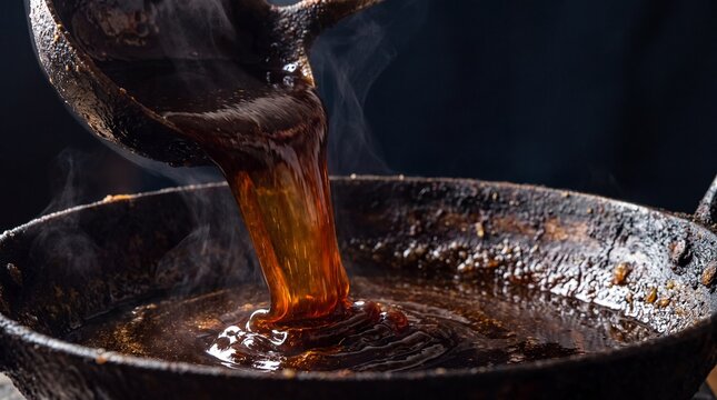 Molten jaggery gur syrup pouring from iron ladle into dark karahi macro action shot