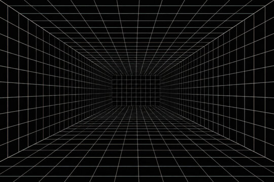 Abstract tunnel with glowing lines and dots on a dark background