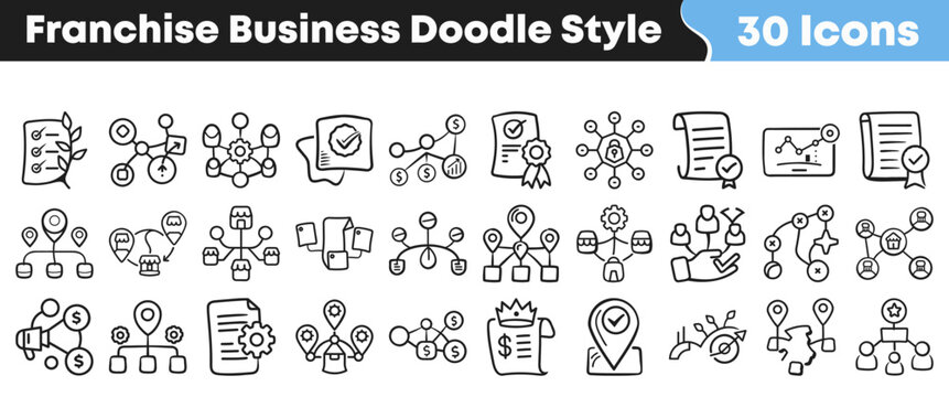 Set of thirty hand drawn franchise business doodle style icons