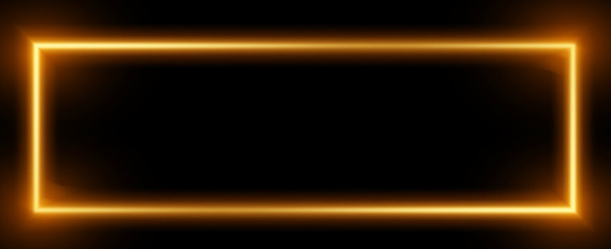  Thin orange neon linear rectangle frame with soft glow on dark black background