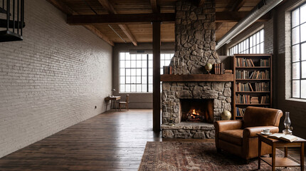 Obraz premium Industrial loft den with rustic stone fireplace and bookshelves