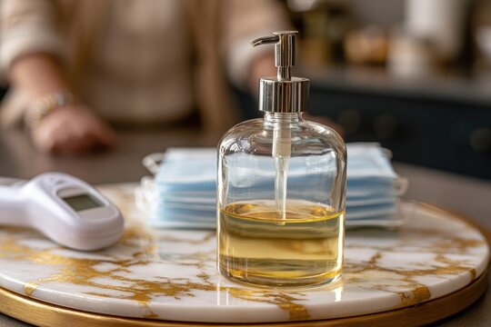 Hygiene essentials - hand sanitizer, face masks, and thermometer for health and safety.