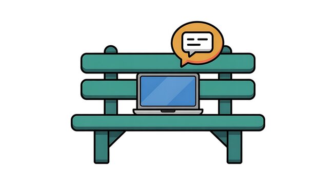 Laptop with chat bubble on park bench vector illustration isolated on white background