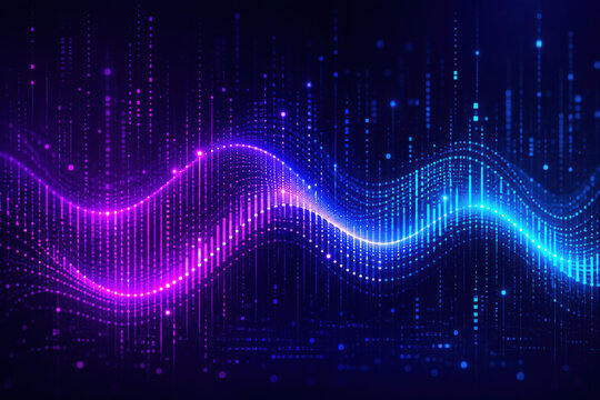 Abstract neon light wave with digital particles on dark background