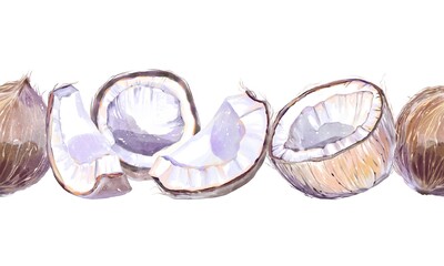 Hand-painted watercolor seamless tropical border with whole and halved brown coconuts, coconut pieces, and coastal vibes. Perfect for beach cafe, summer packaging, fabric, wallpaper, and stationery © Tatiana