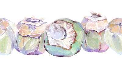 Hand-painted watercolor seamless border with fresh green drinking coconuts, opened and whole. Tropical beach cafe design for summer packaging, fabric, wallpaper, and stationery © Tatiana