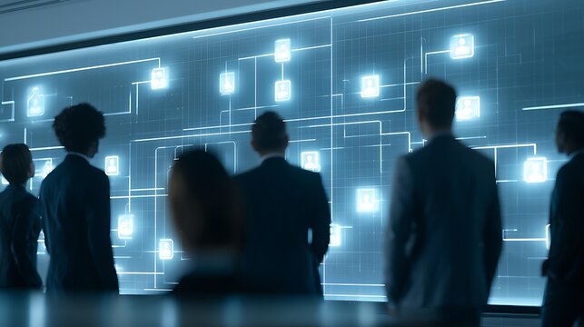 Businesspeople analyzing complex digital network connections on a futuristic screen in a modern office setting with glowing blue lines and nodes