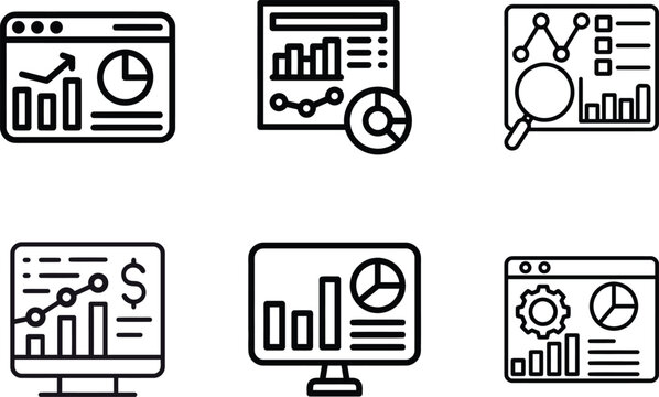 Business Analytics Dashboard Icon Set, Data Analysis Report Icons, Financial Statistics UI Symbols, Performance Chart Vector Collection, Business Intelligence Line Icons Isolated on White Background