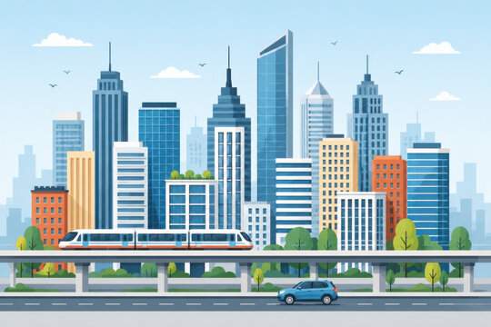 Modern city skyline with a fast train and road in a sunny day view