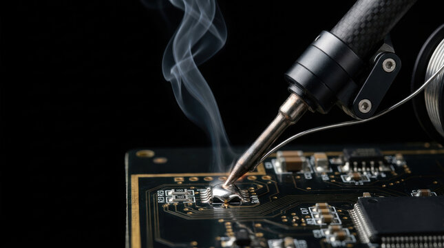 Soldering iron tip melts metal on circuit board with smoke rising robotic automation manufacturing technology in electronics repair and assembly