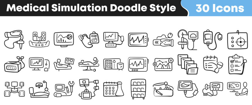 Collection of hand drawn medical simulation icons in doodle style