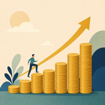 Business growth and financial success concept businessman climbing rising coin stacks with upward arrow flat illustration